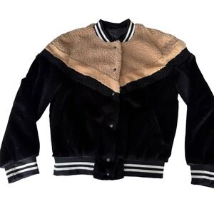 Free People Faux Fur Sherpa Bomber Jacket Black Tan Sz xs or sm.